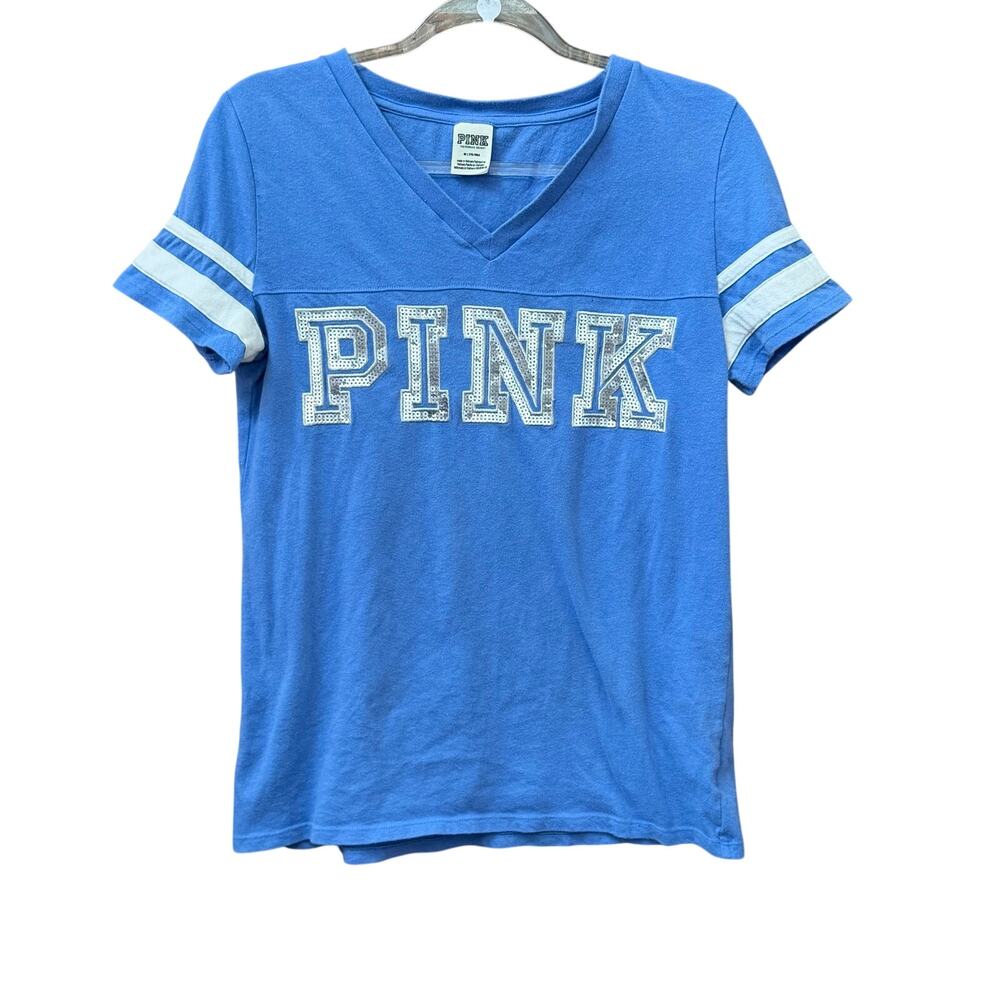 Pink Victorias Secret Sequin Logo Varsity Tee Size Medium Casual Retro Style
